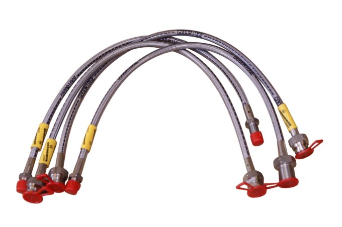 Przewody hamulcowe w oplocie metalowym Defender 90/110/130 od 2004 kpl. na auto (50mm dłuższe) z ABS Terrafirma