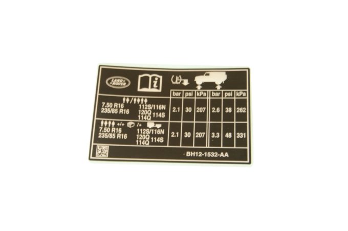 Naklejka informacyjna ciśnienia powietrza w oponach Defender 90