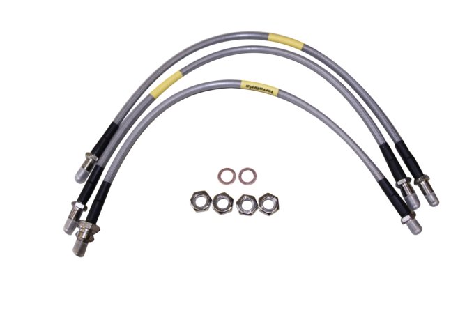 Przewody hamulcowe w oplocie metalowym Defender 90/110/130 od 99 do 2004 kpl. na auto (50mm dłuższe) bez ABS Terrafirma