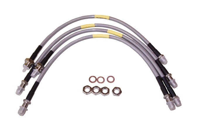 Przewody hamulcowe w oplocie metalowym Defender 90/110/130 od 99 do 2004 kpl. na auto (50mm dłuższe) z ABS Terrafirma