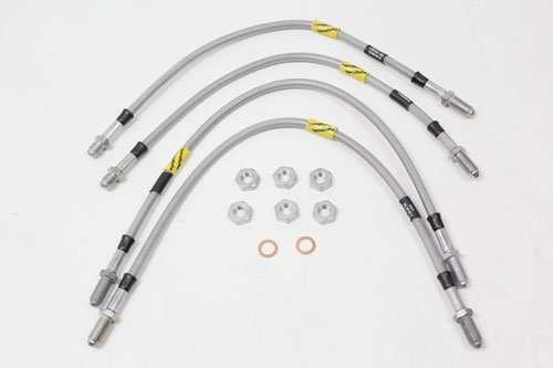 Przewody hamulcowe w oplocie metalowym Defender 90/110/130 od 99 do 2004 kpl. na auto (50mm dłuższe) bez ABS